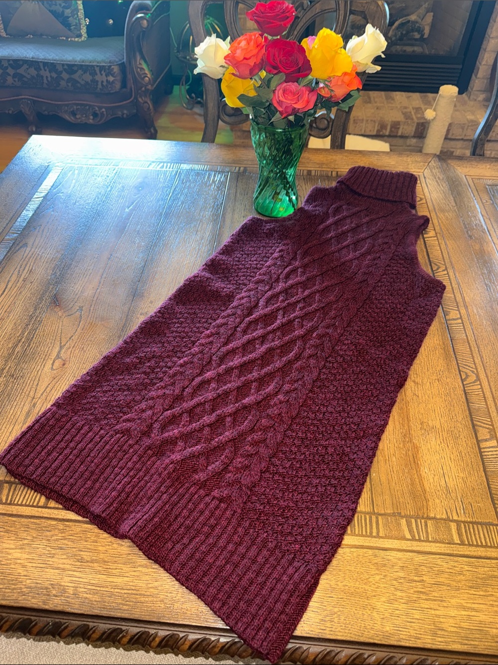 Sleeveless Cable Knit Turtleneck Sweater Dress - Burgundy
